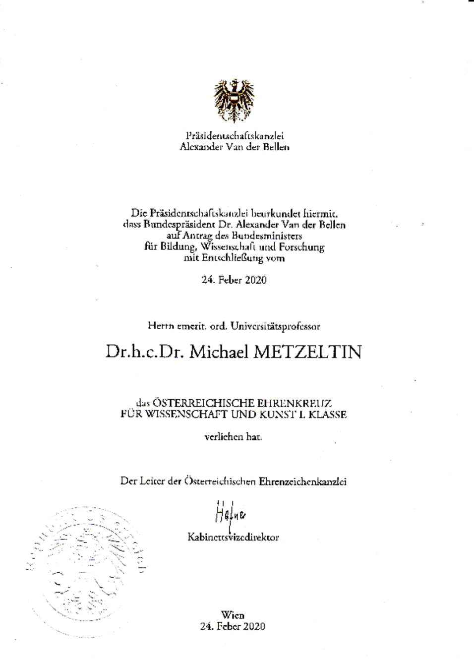 Dekret für Michael Metzeltin zum Erhalt des Österreichisches Ehrenkreuz für Wissenschaft und Kunst I. Klasse